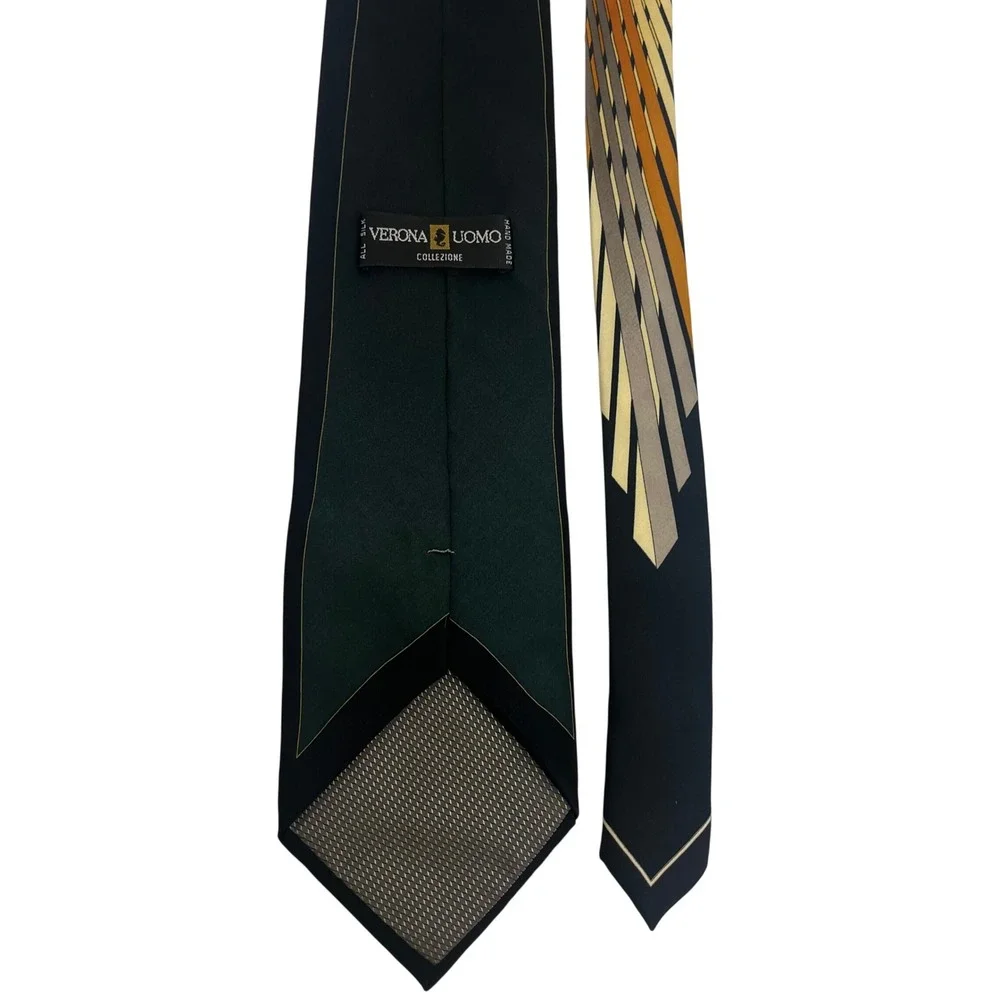 Necktie Vtg Art Deco Roaring Dance MCM Swing Silk Chevron Black Gold Tie Verona